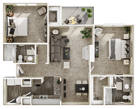 a 3d floor plan of a bedroom and living room